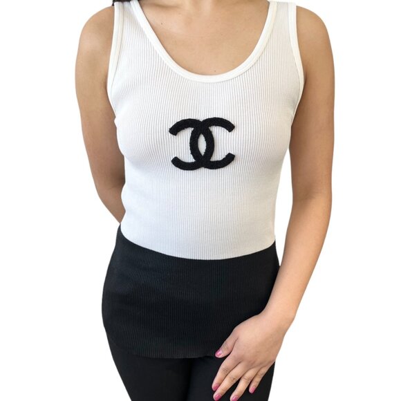 CHANEL Vintage CC Logo Bicolor Tank Top #38 Rib Sleeveless White Black [105978] - Picture 1 of 11